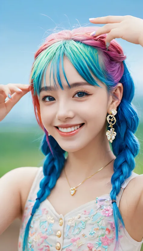 (masterpiece), (((best quality)), (Very detailed), 1 girl, (Rainbow Hair, Colorful hair, Half blue half pink hair: 1.2), 17 years old, (yukexista: 1.2), outdoor, Bangs, Smile, Sky blue eyes, Perfect hands, Perfect hands, Card Details, Correction of fingers...