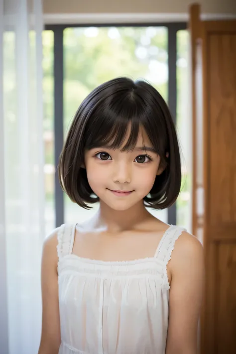 One girl, Shoulder-length short hair,Black Hair,smile, summer,room,Standing,Big eyes,Innocence,Pure Innocence,5th grade elementary school,Look here,front,Face close-up,Small swelling in the chest,blouse,front,transparent, (masterpiece, Highest quality), So...