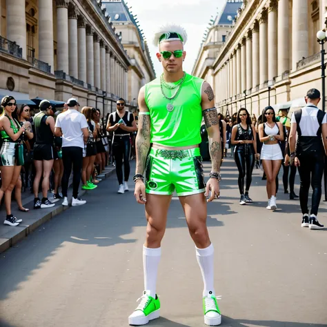 full view full body, attractive young white male punk with a neon green high crest with very rigid spikes, piercings, excessively long neon green nails, silver rings, necklaces, bracelets, wearing white latex shorts and white latex shirt, long pulled up wh...