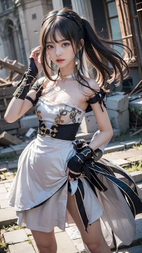 ((A serious match in the ruins of a city)), ((Assassination Dress)), (((Beautiful girl who uses dark weapons))), whole body, The tension is palpable, I feel murderous, (Special move pose), (Baby Face:1.3, Idol Face), (Small and slender figure:1.2), (Slende...