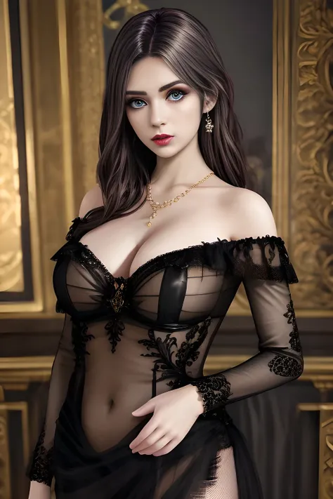 1girl, long sleeves, black dress, off shoulder, bare shoulders, long dress, (see-through), tulle dress,beautiful detailed eyes, beautiful detailed lips, extremely detailed eyes and face, long eyelashes, best quality, 4k, 8k, highres, masterpiece, ultra-det...