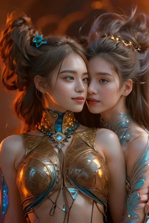 (Two beautiful Italian teenage girls:1.6), Close friends, (they are hugging:1.2), Kiss their cheek or chest,(Detailed iridescent bodysuit with beautiful fractal or marble design:1.5), Incredible and spectacular scenes., ((high quality)), ((Detailed)), ((Fa...