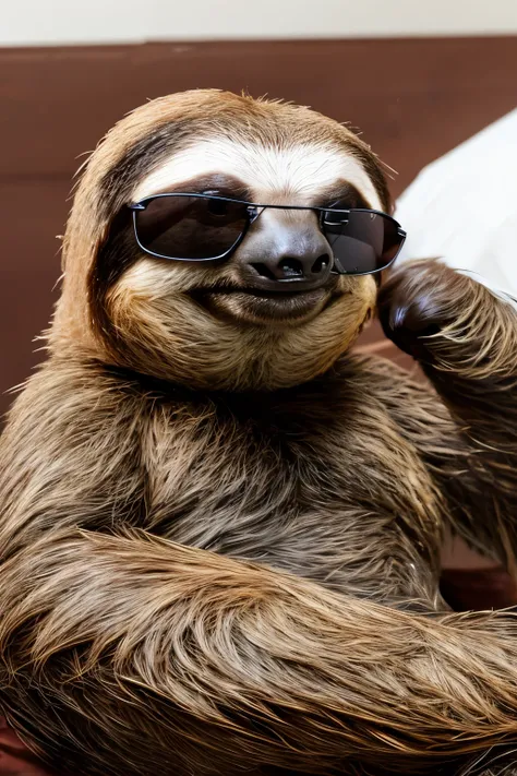 hyper realistic photo of a complete badass sloth, animal sloth wearing black sunglasses, sitting on a bed, showing off a tiny sachet, smiling, romantic vibes