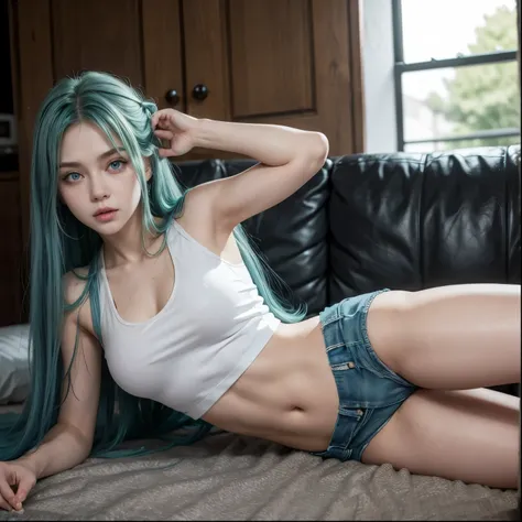 Linda ,with long blue hair,big green eyes perfect body ,White tank top, black short shorts 