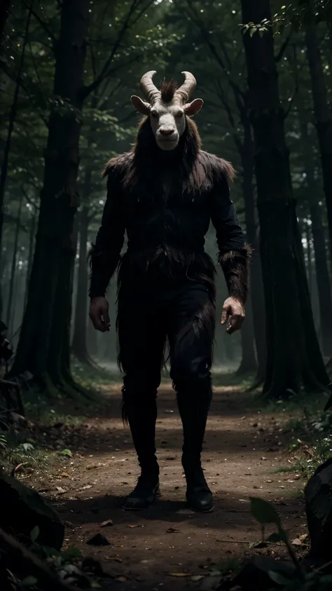 a monstrous goat-faced evil man standing in the otherworldly forest roaring