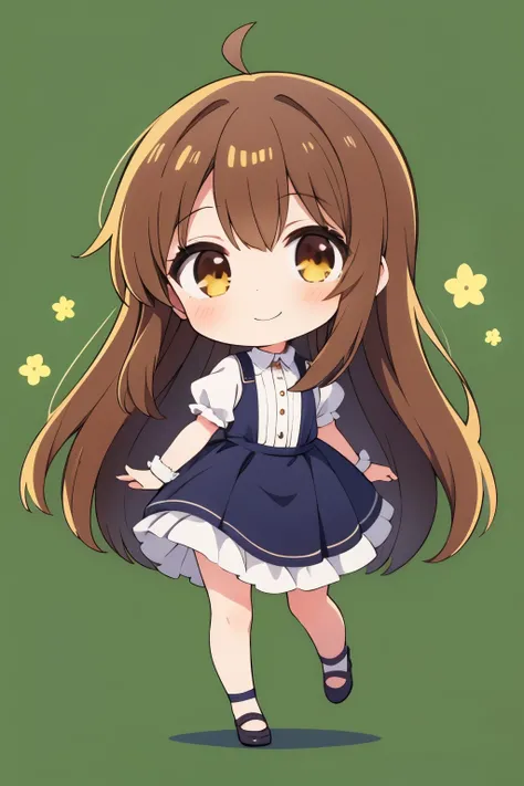 1girl,brown hair,long hair,chibi,full body,green background,brown eyes,lovely smile,