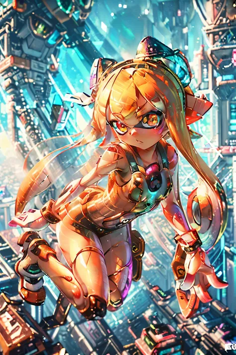 (Super detailed, masterpiece:1.2), Highly detailed artwork, Highest quality, High resolution, Surreal:1.37, ((Attractive Splatoon Girl, Golden glowing eyes、Long, prism-gradation tentacle hair))、Beautiful Face、Detailed facial depiction、Anatomically correct ...