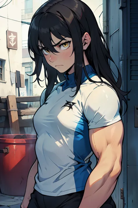 muscular girl small breasts thick thick thick thick thick black hair yellow eyes pale skin disappointed sad frown athletic female