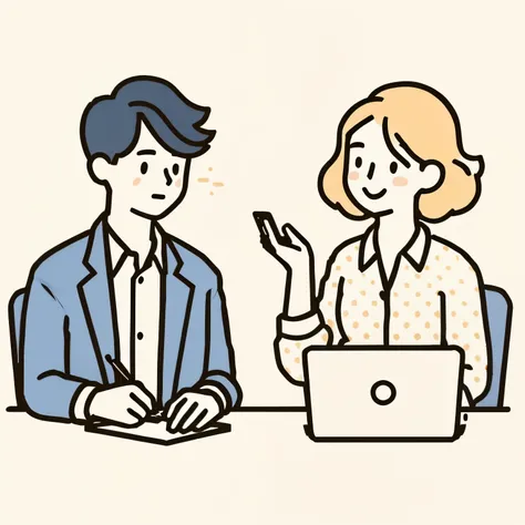 Illustration of a man and woman sitting at a table with a laptop, giving an interview, interview, Line drawing illustration, Illustration Style, Simple and clean illustrations, Simple illustration, Professional Illustration, Manga style illustration, Flat ...