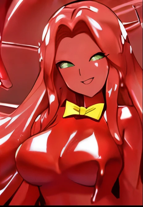 (masterpiece,best quality,ultra-delicate,Perfect Face,16k,high resolution,very beautiful woman),Red Slime Body, Green Eyes, Yellow bow tie,jamanen:1.3,((melting body,Melting legs, melting hair,melting breasts)) ,(Big Breasts),Long Hair,Shiny body,red Muddy...