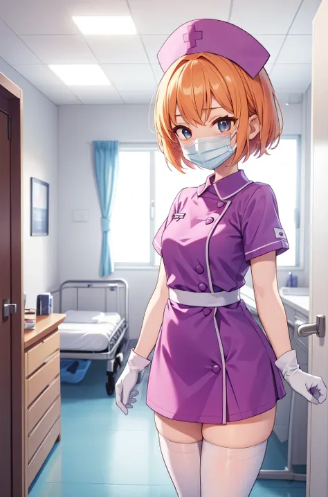 1girl, solo, nurse, nurse cap, white nurse uniform, ((white legwear, zettai ryouiki)), white gloves, very short hair, orange hair, ((white surgical mask, covered nose)), standing, ((hospital room)), sharp outline, short sleeves, tomboy, boyish, best qualit...
