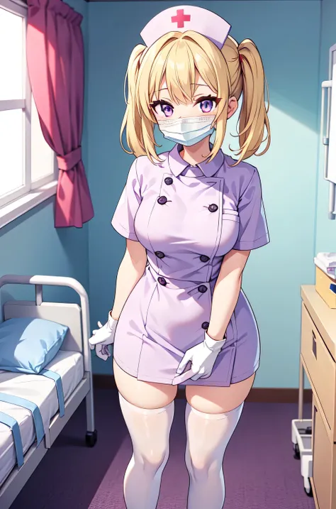 1girl, solo, nurse, nurse cap, white nurse uniform, ((white legwear, zettai ryouiki)), white gloves, twintails, yellow hair, purple eyes, ((white surgical mask, covered nose)), standing, ((hospital room)), sharp outline, short sleeves, best quality, master...