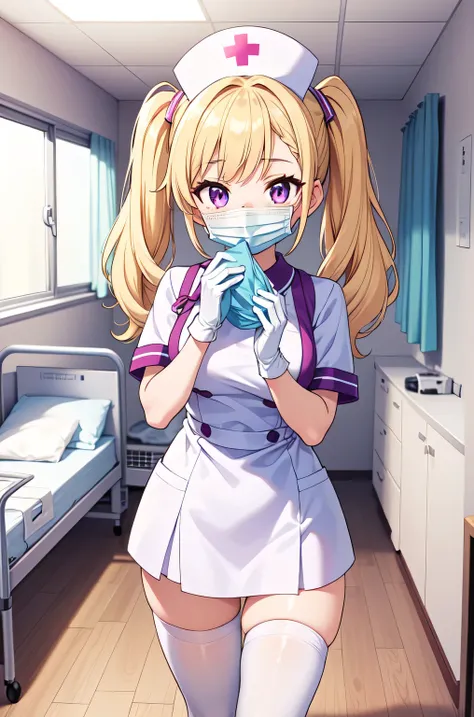 1girl, solo, nurse, nurse cap, white nurse uniform, ((white legwear, zettai ryouiki)), white gloves, twintails, yellow hair, purple eyes, ((white surgical mask, covered nose)), standing, ((hospital room)), sharp outline, short sleeves, best quality, master...