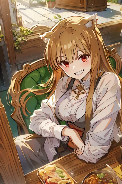 best quality,masterpiece,Dynamic lighting, (Holo of Spice and Wolf),top to bottom,High Angle,wearing a long skirt,long sleeves,My shoulders are exposed,bust,Sitting on a chair,a bewitching laugh,greeting,tail,Fangs that appear to be teeth,wooden table,sitt...