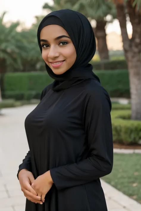 (Cute teen glamour model), gorgeous teen, ebony skinned arab, head and shoulders focus, youthful, young, teen, teenager, (looking at the camera), outdoor lighting, huge breasts, hijab, thin, skinny, dainty, delicate, no bra, black abaya dress