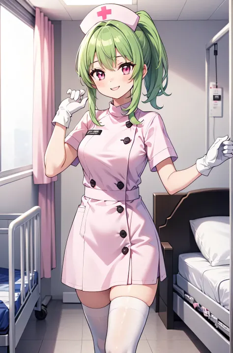 1girl, solo, nurse, nurse cap, white nurse uniform, ((white legwear, zettai ryouiki)), white gloves, ponytail, green hair, pink eyes, smile, standing, ((hospital room)), sharp outline, short sleeves, best quality, masterpiece