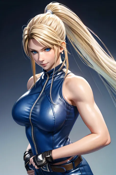 sarah, blue eyes, (fighting ground:1.4), very long hair, (angle view:1.0), cowboy shot, blonde hair, (high ponytail:1.2), bodysu...