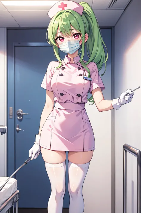 1girl, solo, nurse, nurse cap, white nurse uniform, ((white legwear, zettai ryouiki)), white gloves, ponytail, green hair, pink eyes, ((white surgical mask, covered nose)), standing, ((hospital room)), sharp outline, short sleeves, best quality, masterpiec...