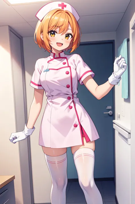 1girl, solo, nurse, nurse cap, white nurse uniform, ((white legwear, zettai ryouiki)), white gloves, very short hair, orange hair, smile, open mouth, standing, ((hospital room)), sharp outline, short sleeves, tomboy, boyish, best quality, masterpiece