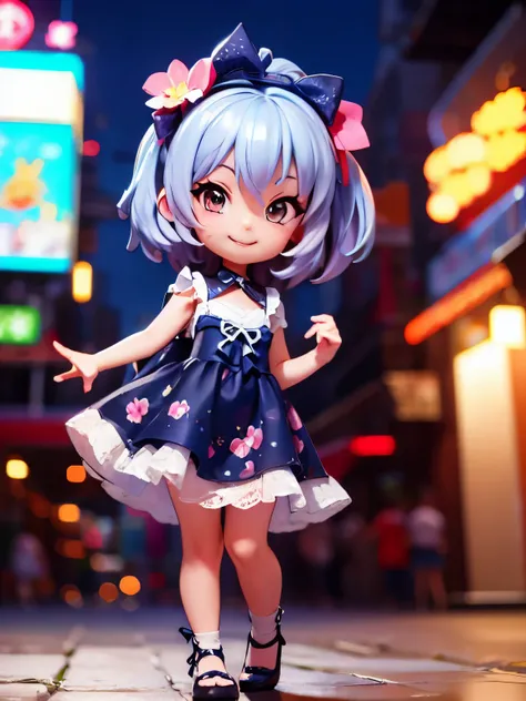 chibi, chibi figure, With the night view of the city in the background、A woman in an evening dress is standing in front of the camera。Her dress reflects the city lights、Her beauty is further enhanced。