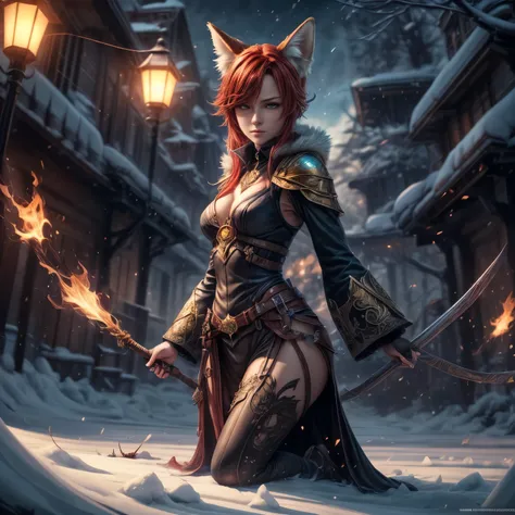 (Best quality, 8K, masterpiece, HDR, soft lighting, picture perfect, realistic, vibrant), foxgirl with red hair and little fox lying on the snow, kitsune, beautiful fox, nobushi fox, beautiful female kitsune, digital anime illustration, beautiful illustrat...