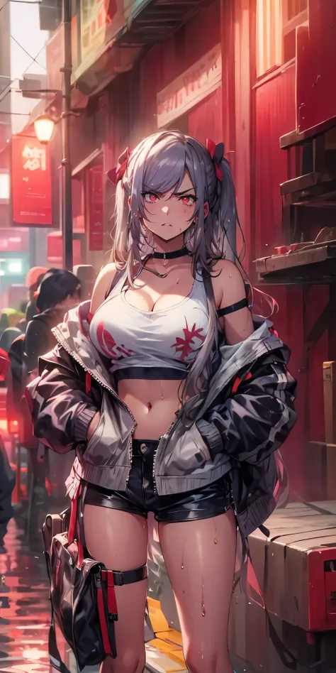 (silver hair:1.3), long hair, ribbon, twintail, red eyes, 1girl, shorts, jacket, ribbon, cleavage, solo, looking_at_viewer, larg...