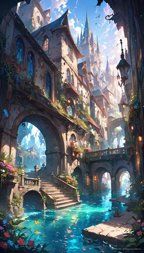 color (Fantasy: 1.2), (hayao miyazaki style), (Irregular Building Floating in the Sea), Patchwork Cottage, Floral decoration, Light, Concept art inspired by Andreas Rocha, Artstation Contest Winner, Fantasy art, (an underwater city), Ross Tran, Light shaft...