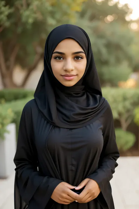 (Cute teen glamour model), gorgeous teen, ebony skinned arab, head and shoulders focus, youthful, young, teen, teenager, (looking at the camera), outdoor lighting, huge breasts, hijab, thin, skinny, dainty, delicate, no bra, black abaya dress