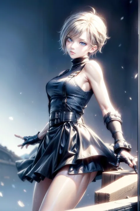 (masterpiece, best quality:1.2), expressive eyes, perfect face, highres, 1 girl, solo, (female:1.5), strife, short hair, shoulder armor, sleeveless turtleneck, suspenders, belt, gloves, bracer, standing, portrait, looking at viewer,