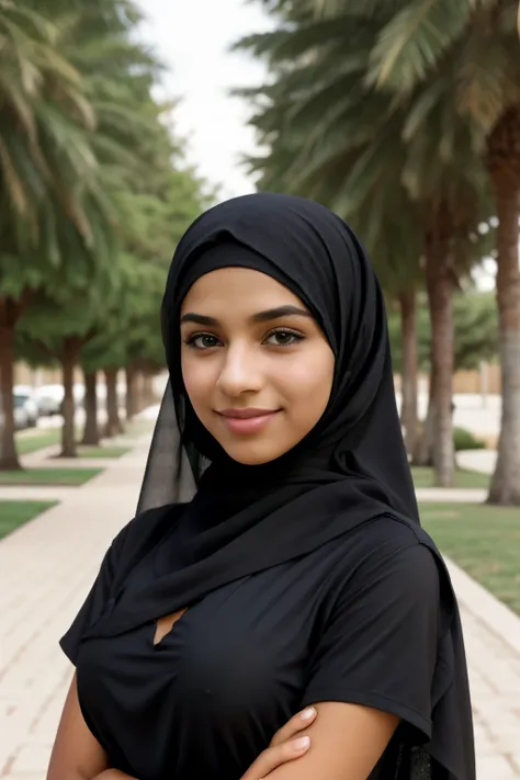 (Cute teen glamour model), gorgeous teen, ebony skinned arab, head and shoulders focus, youthful, young, teen, teenager, (looking at the camera), outdoor lighting, huge breasts, hijab, thin, skinny, dainty, delicate, no bra, black abaya dress