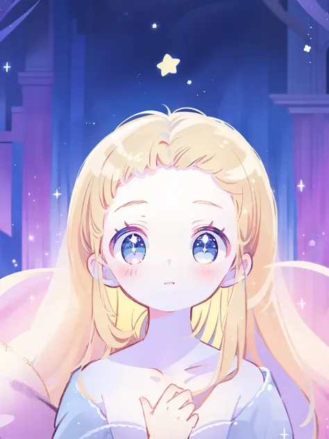 complex background, wishing star background, magical girl wearing an ethereal mystical pink translucent dress that reflects the stars, close up, sparkling detailed eyes, golden ratio face, perfect composition, perfume promo art, mystic, complex drawing, hi...