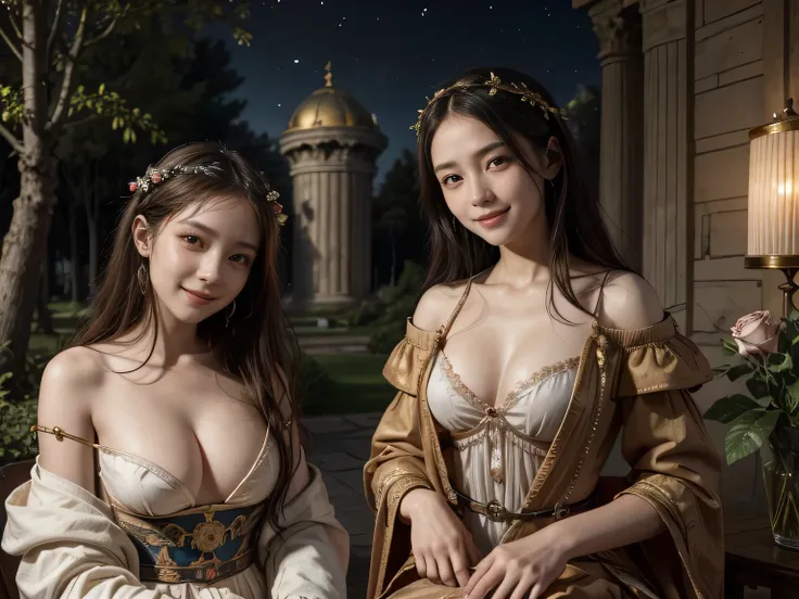 Giorgione painting style,Arguments of two female Philosophe,math、astronomical machine、astronaut、roses in vase、fruits、Cute trinkets、smile、ancient greek costume、Background is a forest lake at night 、Clothes that stretch your shoulders、A big smile、beautiful b...