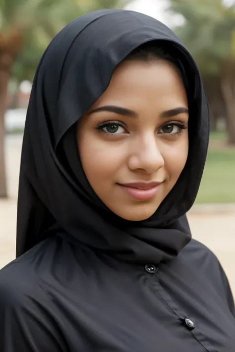 (Cute teen glamour model), gorgeous teen, ebony skinned arab, head and shoulders focus, youthful, young, teen, teenager, (looking at the camera), outdoor lighting, huge breasts, hijab, thin, skinny, dainty, delicate, no bra, black abaya dress, covered