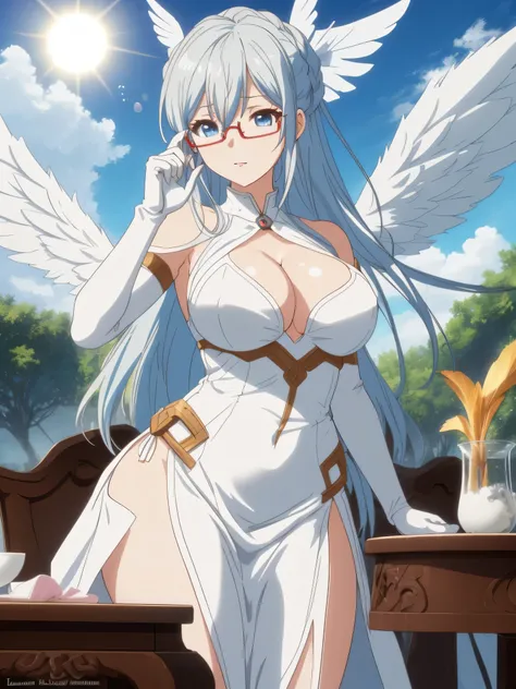 eleonora bonnefoy, sexy, (doggy style: 1.2), table top, (penetration: 1.2), silver hair, blue eyes, glamorous body, angel wings, (big breasts: 1.6), beautiful cleavage, (white elbow gloves), ((luxurious dress, pure white)), wide hips: 1.2, big ass: 1.3, (f...