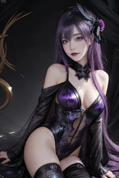 強力なスーパーevil女がクローズアップでポーズをとる, Black Goddess (Bare shoulders), length, Flowing purple hair, View your viewers, Highly detailed face, Perfect hands, Blue smoke swirling around her, evil事を愛する, Captivating blue eyes, Dark fantasy,  ， realistic girl rendering, 8...