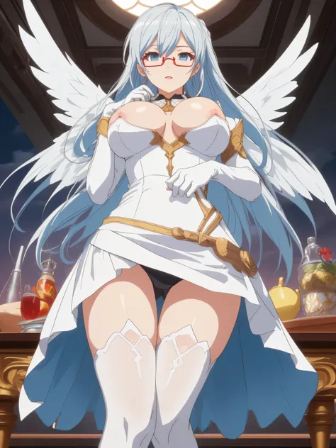 eleonora bonnefoy, sexy, (doggy style: 1.2), table top, (penetration: 1.2), silver hair, blue eyes, glamorous body, angel wings, (big breasts: 1.6), beautiful cleavage, (white elbow gloves), ((luxurious dress, pure white)), wide hips: 1.2, big ass: 1.3, (f...