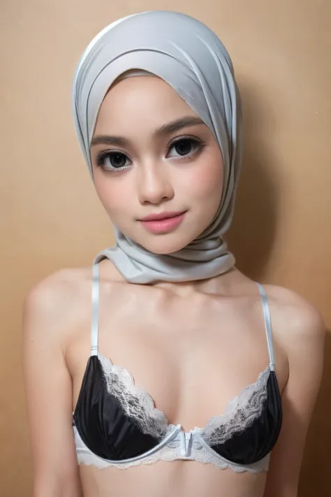 FULL BLACK EYES WITHOUT WHITE EYES, ((SLEEPING BEAUTY)), ((EYES WIDE )), ((OPEN BIG HUGE EYES)), ((FULL LACE)), Very Thin body (Wearing Bra Lingerie), (((HIJAB MALAY GIRL))), masutepiece, High quality, UHD 32K, Realistic face, Realistic skin feeling , A Ma...