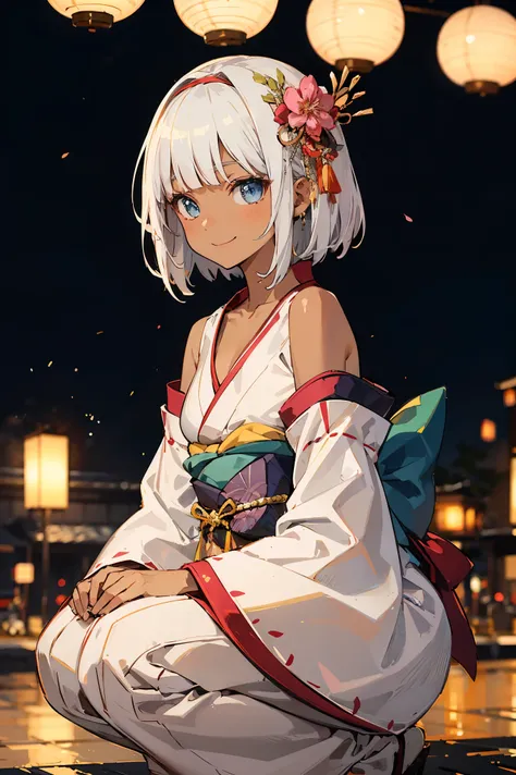 One Woman、 (((dark skin))), Beautiful silver hair、((((Very short hair))))、French braids、skyblue eyes、small eyes, ((tsurime)), Beautiful Eyes、(hair band)、(((Blunt bangs))), ((Medium Chest)), Off the shoulder、24-years-old、Tight waist, night、Fireworks display...