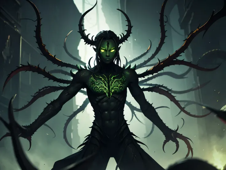 six-armed creature, black skin color with green, four eyes 