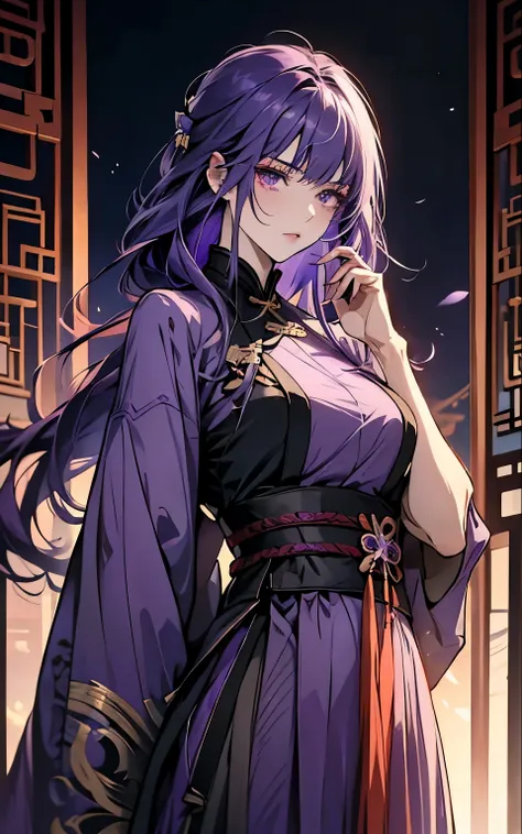 raiden shogin - genshin impact, long purple hair, violet eyes, (!violet! clothes), violet chinese clothes, ultra long skirt, chi...