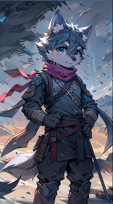 Wolf，juvenile，male，Gray-black fur，Sky blue eyes，Black combat uniform，scarf，Holding a long sword，scabbard，Draw the sword，permanent，The only one,dawn，illumination，Break，bust