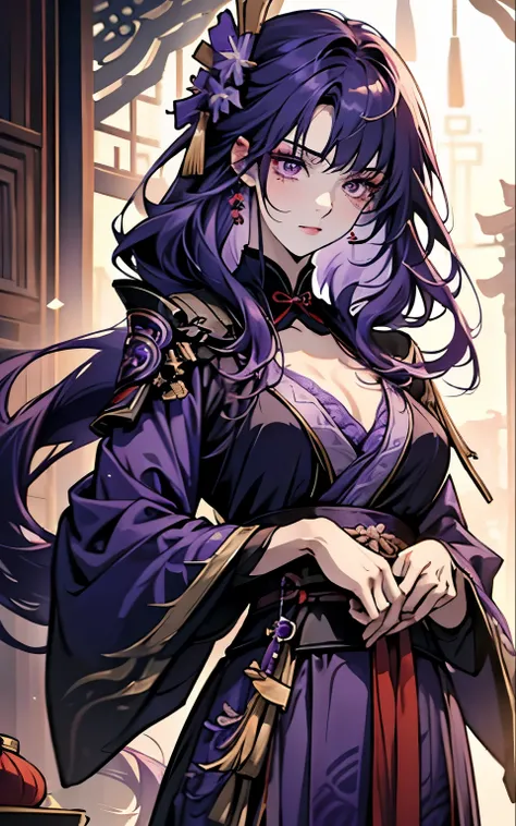 1 women, Raiden Shogun - genshin impact, long purple hair, violet eyes, violet chinese clothes, ultra long skirt, chinese room, portrait, sexy, uncovered chest 