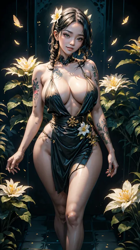 a woman standing on a tiled floor with a tattoo on her arm, smiley face smile on face, huge breasts, hot body curves, flowers, masuimi max, of taiwanese girl with tattoos, bian luan, loba andrade from apex legends, roxie vizcarra, instagram, twitch streame...