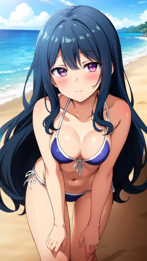 (masterpiece, best quality, high resolution, 8k:1.2),anime art style, nozaki yuu,anime, girl1people, small breasts, (narrowed eyes, eyes half-closed, jitome, rolling eyes :1.2),(eye light: 1.2),closed mouth, blue hair, very long hair, (wavy hair:1.2), purp...