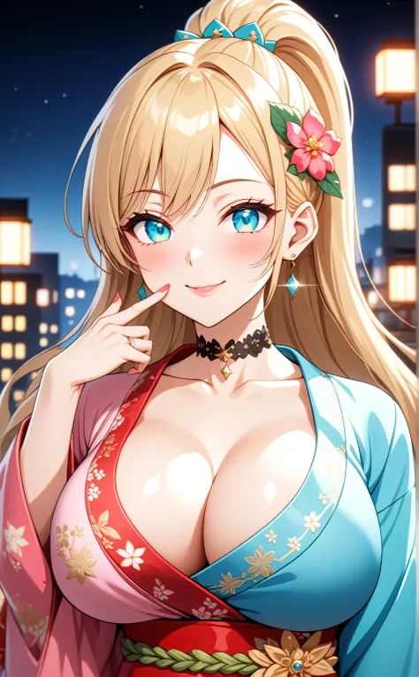 ((one personの女性)), Beautiful Face, face focus,smile,((wink:1.5)), (tongue out),((Red cheeks:1.4)),Glossy pink lips,(finger to mouth),night,rooftop,Festive decorations,You can see the ocean, firework,((Anime style background)),masterpiece, Highest quality, ...