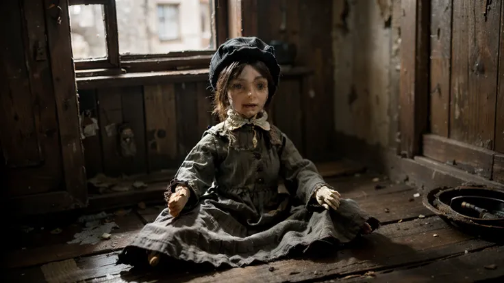 Realistic detailed photography An ancient thin cloth doll in old, gothic clothes, in a dirty, old wooden house