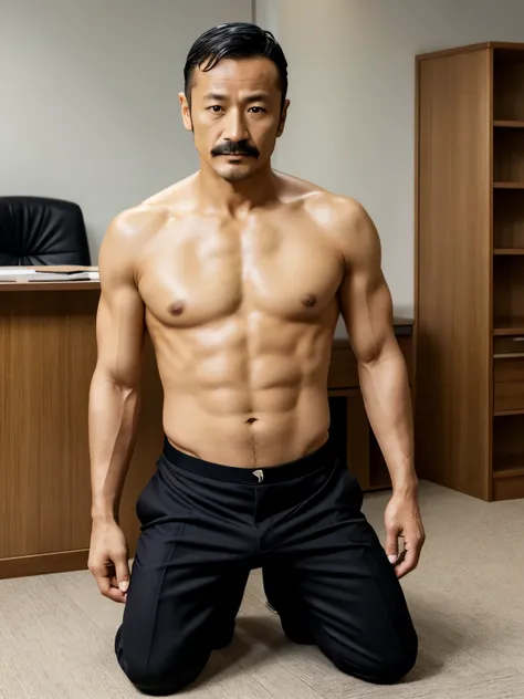 40 years old，Hidetoshi Nakata，（Kogoro Mori 1.3），male，Topless，（Black socks:1.2），Densely hairy，Bright，Raised，Fortitude，office，Suit，whole body，Fortitude，HD，With a mustache，