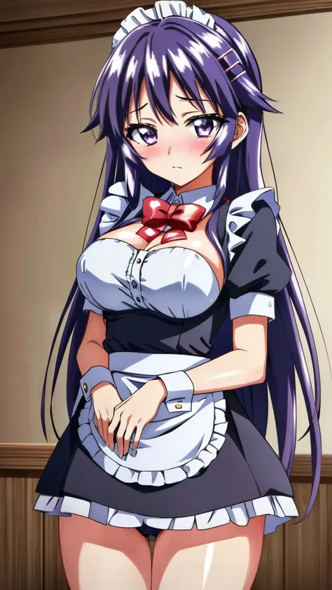 (masterpiece, best quality, high resolution, 8k:1.2), anime, highly detailed face, Detailed CG,1 girl, chizuru-chan kaihatsunikki, mature, sexy, spread pussy, purple hair, long hair, hair clip, purple eyes, ((Maid uniform, blushing)), large medium breasts,...