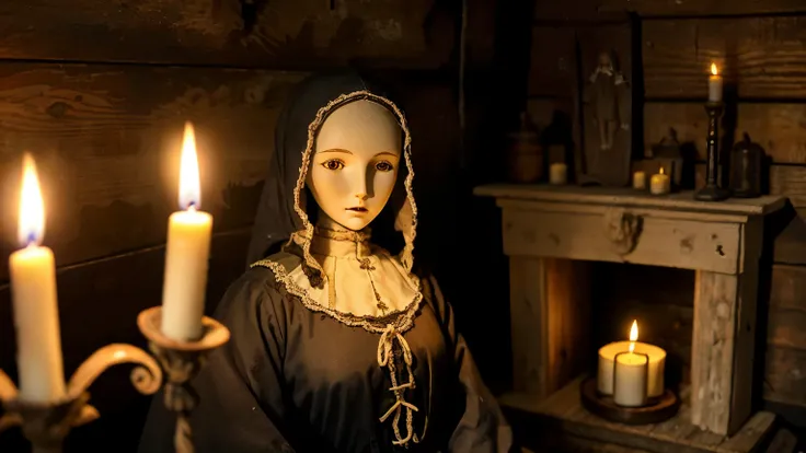 Realistic detailed photography An ancient thin cloth doll in antique and gothic clothes, in a dirty old wooden house, with several candles burning in the background