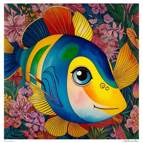 ((very good quality, realistic, excellent drawing of details)), watercolor style of guppy fish, pop art painting by Annabel Kidston, winner of the behance competition, "naive art", "maximalism", "fauvism", "pop art".